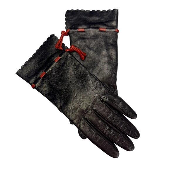 Portolano Women's Dark Brown Napa Leather Gloves 7.5 Cashmere Lined Cognac Tie - Picture 1 of 5